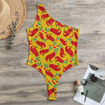 Santa Claus T-Rex Christmas Dino Print One Shoulder Bodysuit