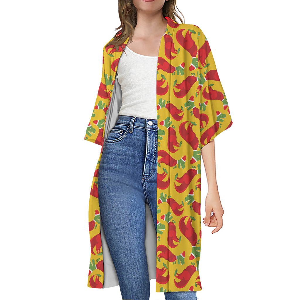 Santa Claus T-Rex Christmas Dino Print Open Front Beach Cover Up