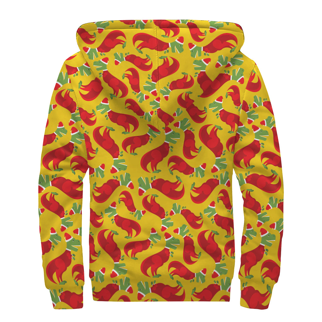 Santa Claus T-Rex Christmas Dino Print Sherpa Lined Zip Up Hoodie