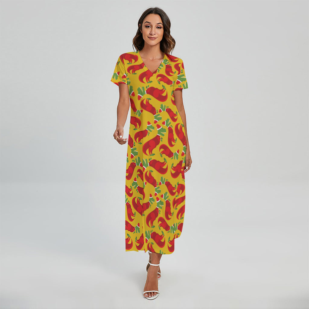 Santa Claus T-Rex Christmas Dino Print Short Sleeve Maxi Dress
