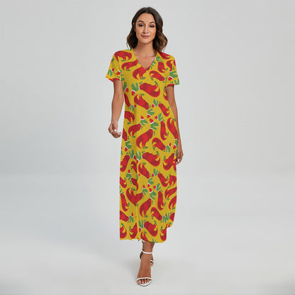 Santa Claus T-Rex Christmas Dino Print Short Sleeve Maxi Dress