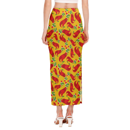 Santa Claus T-Rex Christmas Dino Print Side Slit Maxi Skirt