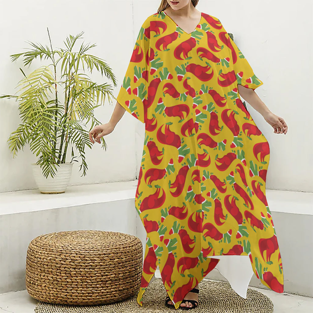 Santa Claus T-Rex Christmas Dino Print Silk V-Neck Kaftan Dress