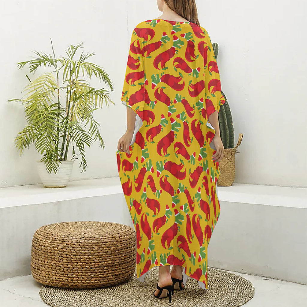 Santa Claus T-Rex Christmas Dino Print Silk V-Neck Kaftan Dress