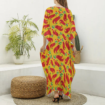 Santa Claus T-Rex Christmas Dino Print Silk V-Neck Kaftan Dress