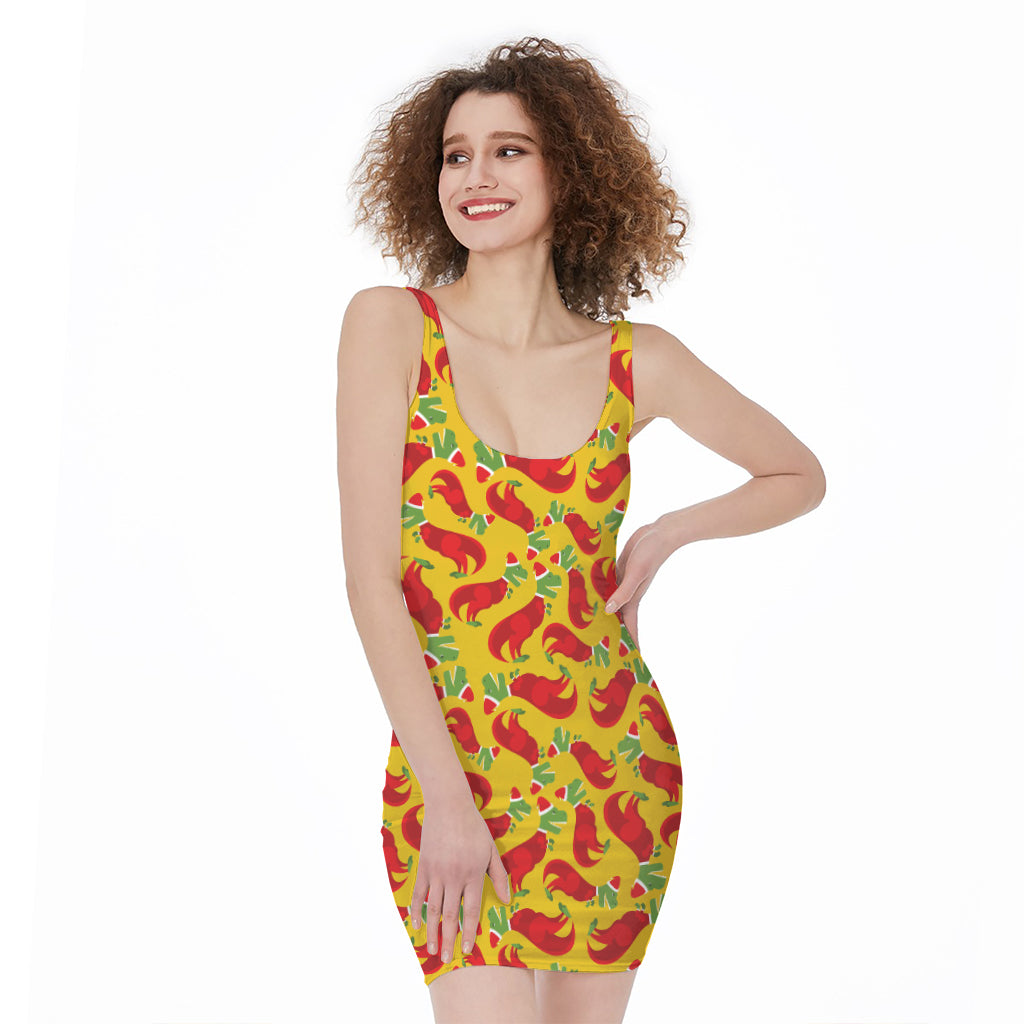 Santa Claus T-Rex Christmas Dino Print Sleeveless Bodycon Dress