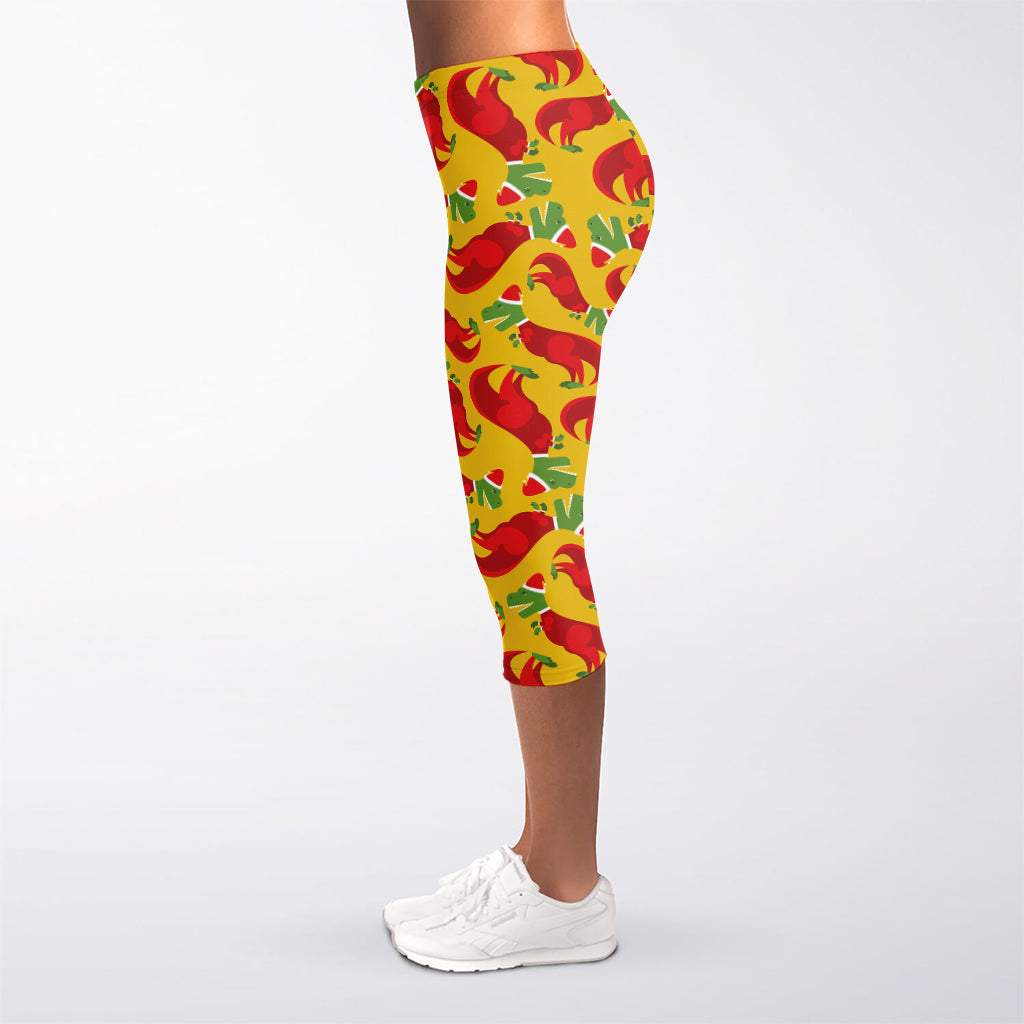 Santa Claus T-Rex Christmas Dino Print Women's Capri Leggings