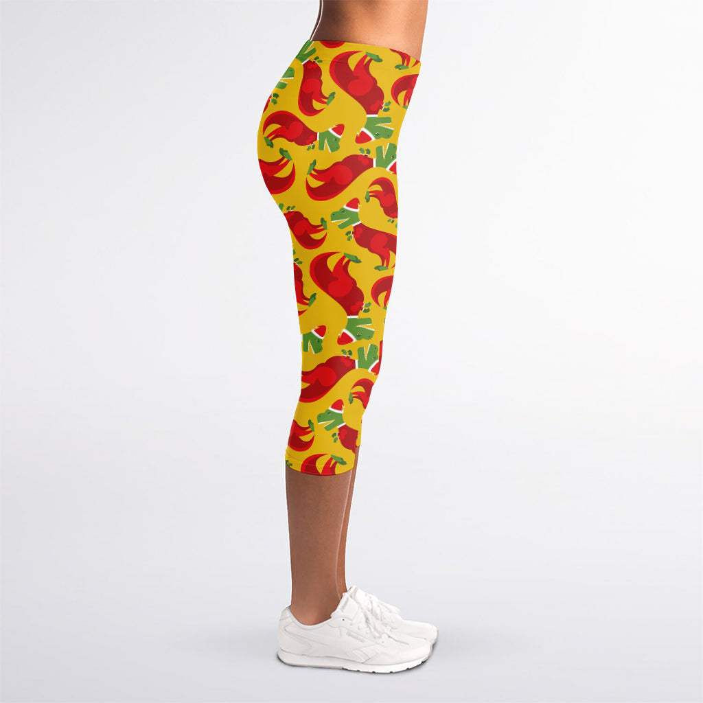 Santa Claus T-Rex Christmas Dino Print Women's Capri Leggings