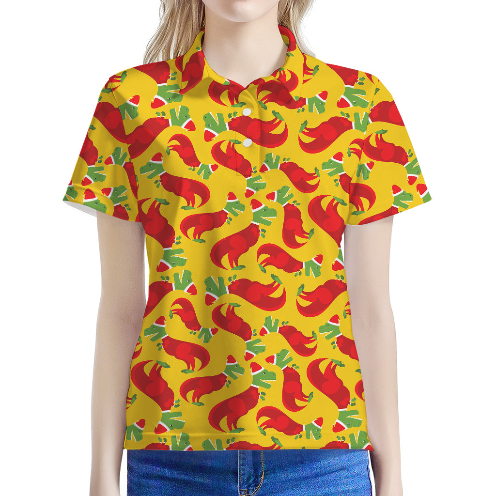 Santa Claus T-Rex Christmas Dino Print Women's Polo Shirt