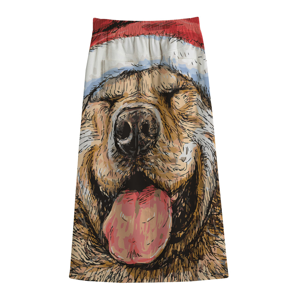 Santa Labrador Retriever Print Cotton Front Slit Maxi Skirt