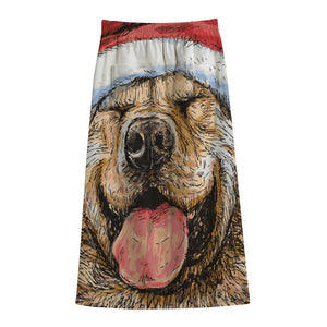 Santa Labrador Retriever Print Cotton Front Slit Maxi Skirt