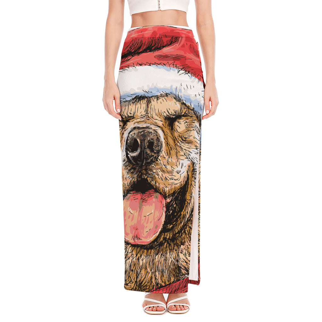 Santa Labrador Retriever Print High Slit Maxi Skirt