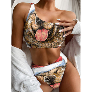 Santa Labrador Retriever Print One Shoulder Bikini Top