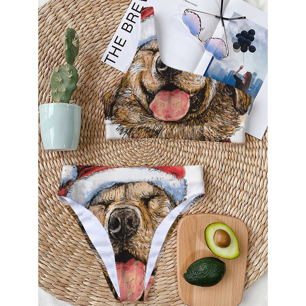 Santa Labrador Retriever Print One Shoulder Bikini Top