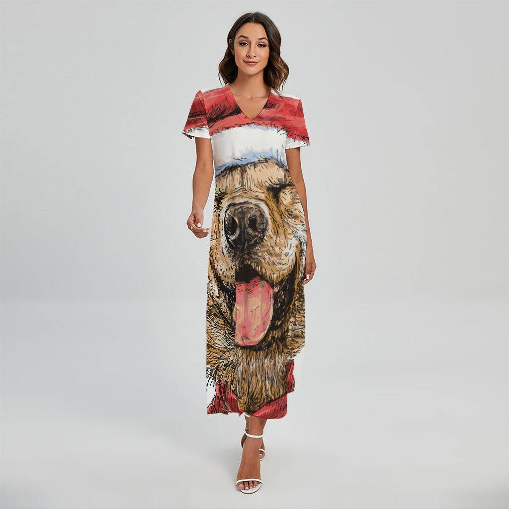 Santa Labrador Retriever Print Short Sleeve Maxi Dress