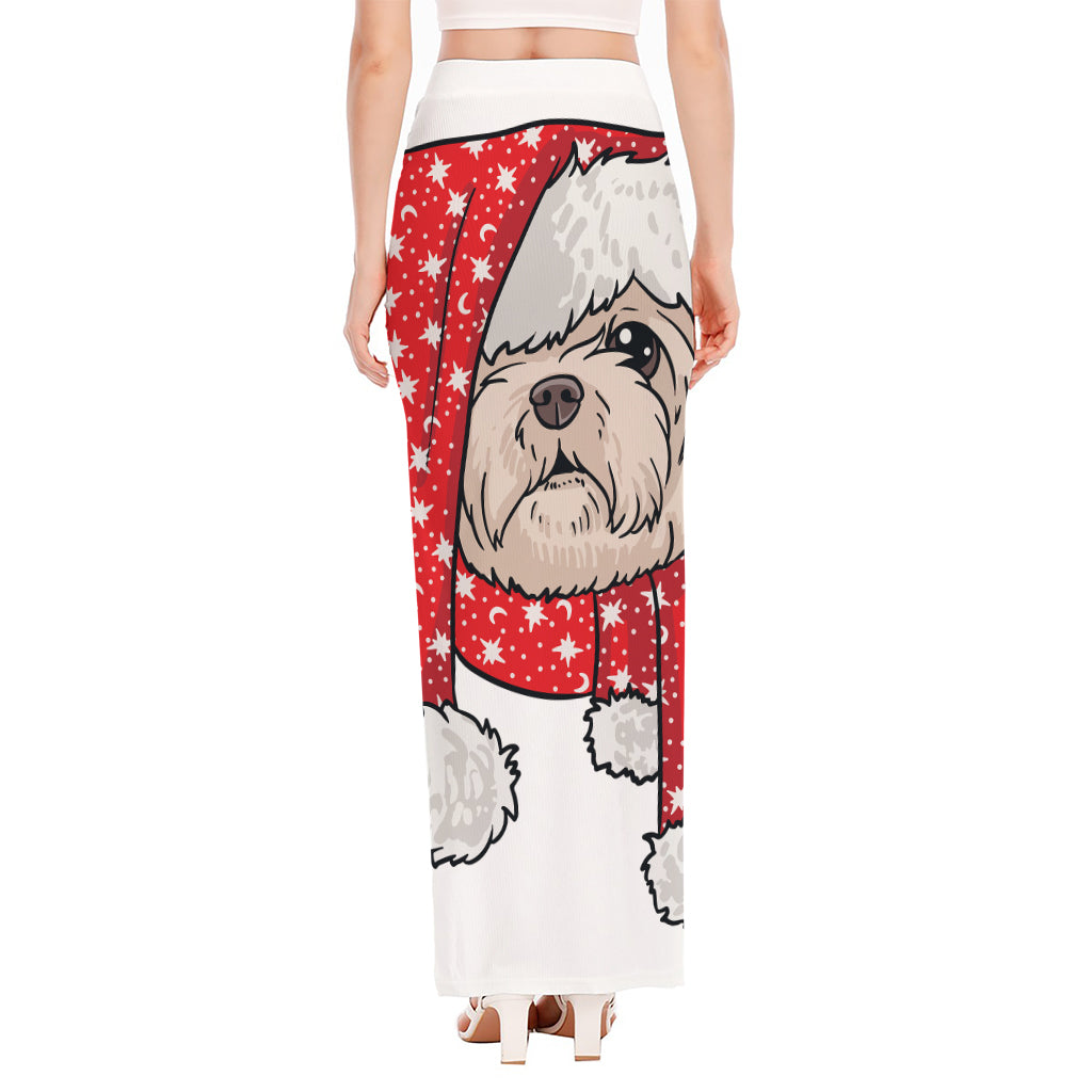 Santa Shih Tzu Print High Slit Maxi Skirt