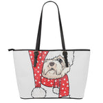 Santa Shih Tzu Print Leather Tote Bag