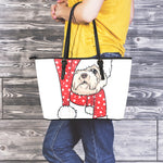Santa Shih Tzu Print Leather Tote Bag