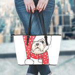 Santa Shih Tzu Print Leather Tote Bag