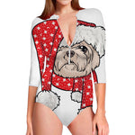 Santa Shih Tzu Print Long Sleeve Swimsuit