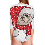 Santa Shih Tzu Print Long Sleeve Swimsuit
