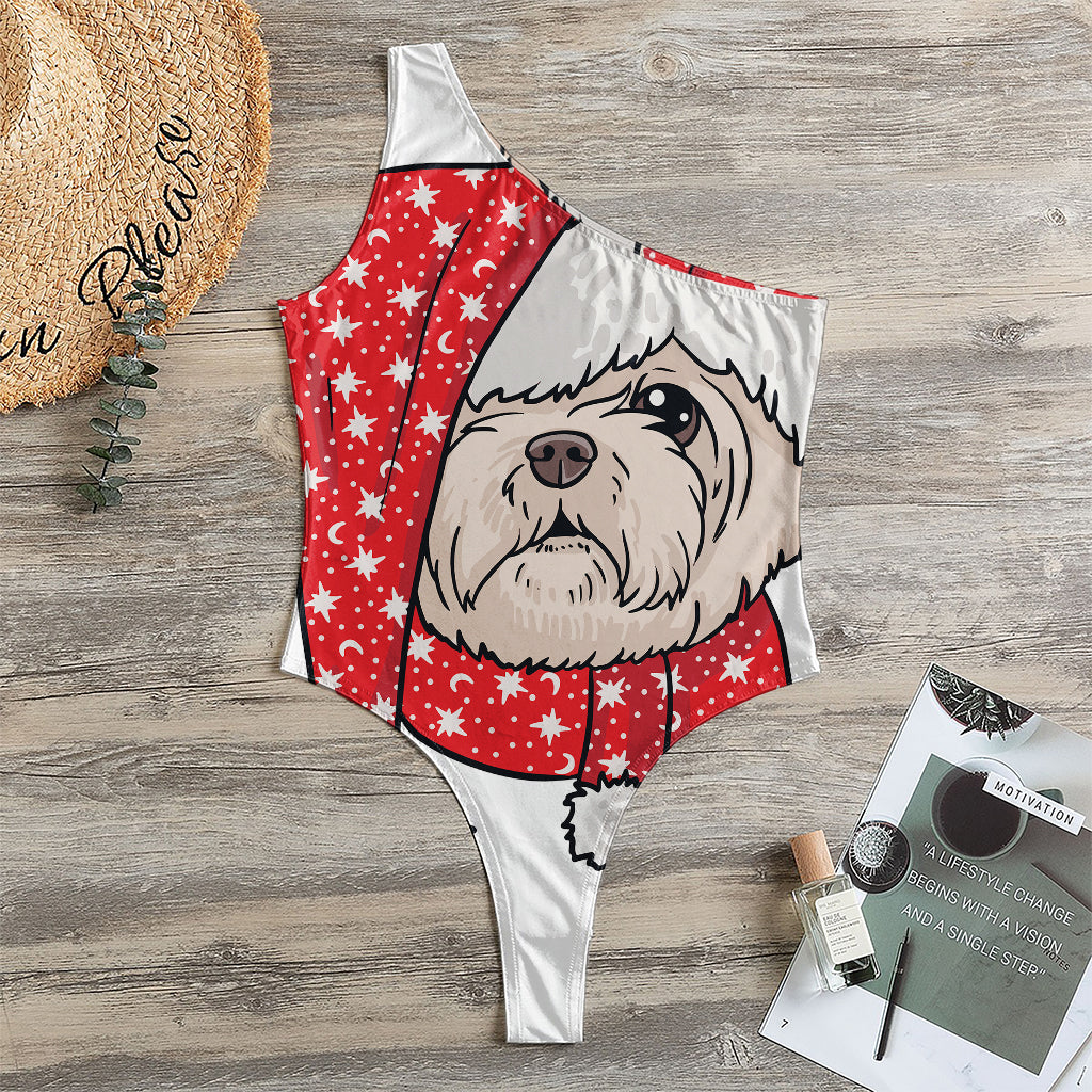 Santa Shih Tzu Print One Shoulder Bodysuit