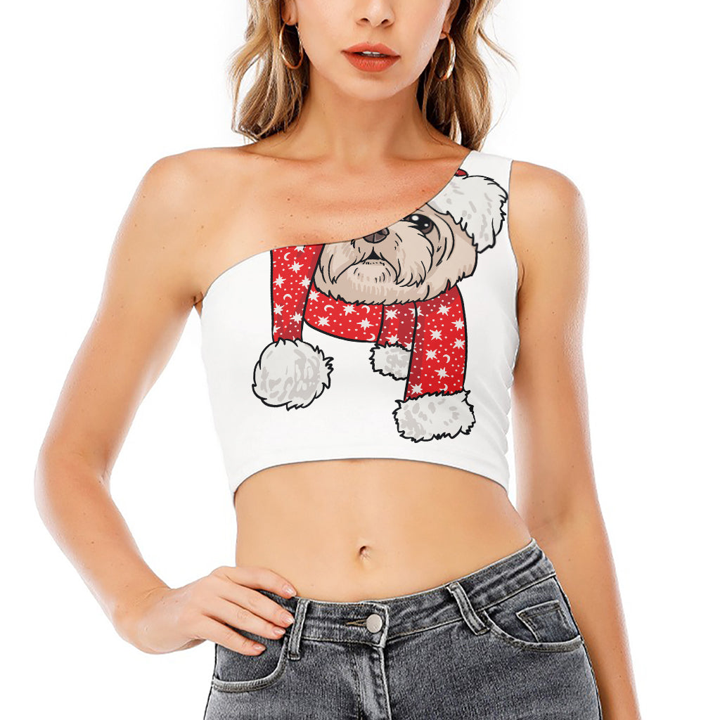 Santa Shih Tzu Print One Shoulder Crop Top