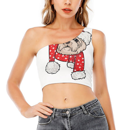 Santa Shih Tzu Print One Shoulder Crop Top
