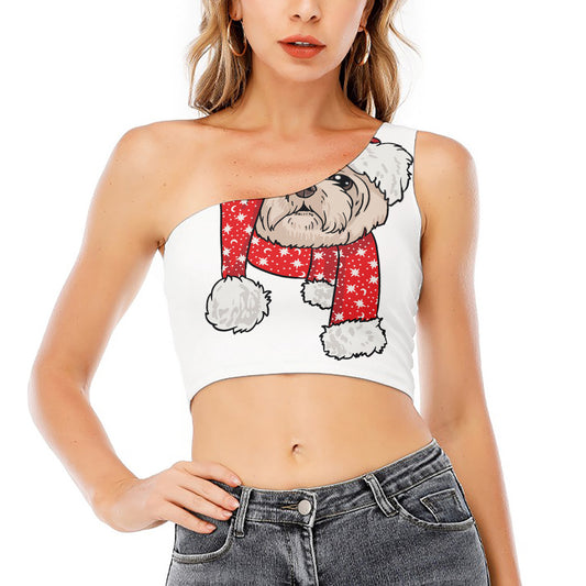 Santa Shih Tzu Print One Shoulder Crop Top