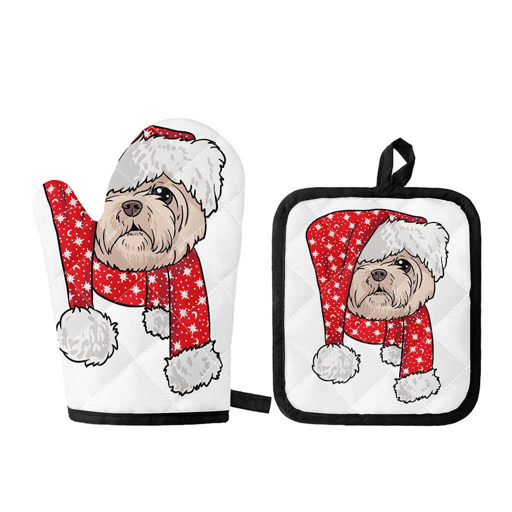 Santa Shih Tzu Print Oven Mitt And Pot Holder Set