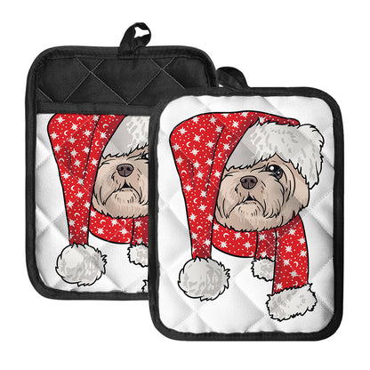 Santa Shih Tzu Print Pot Holders With Pocket