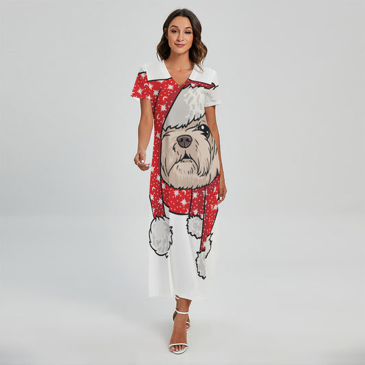 Santa Shih Tzu Print Short Sleeve Maxi Dress