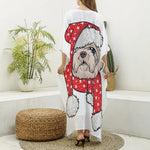 Santa Shih Tzu Print Silk V-Neck Kaftan Dress