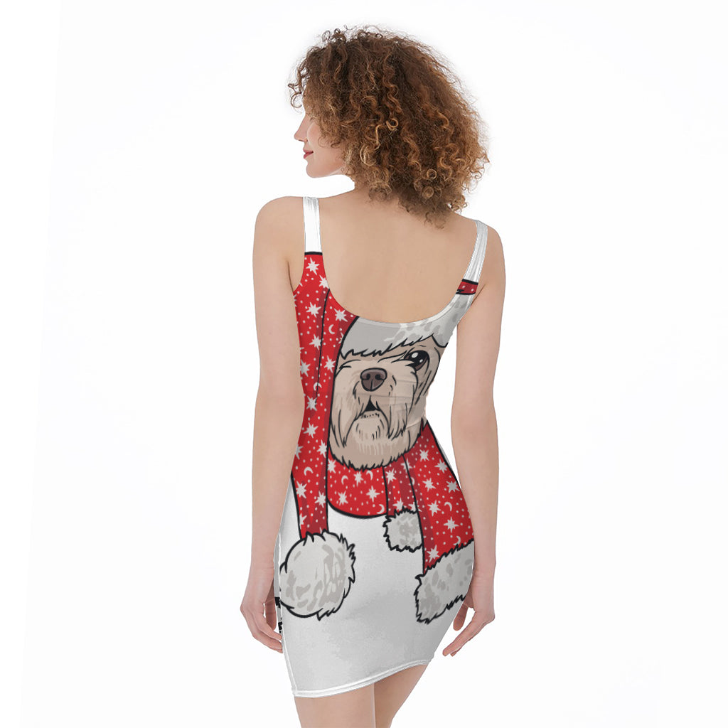 Santa Shih Tzu Print Sleeveless Bodycon Dress
