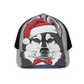 Santa Siberian Husky Print Black Mesh Trucker Hat