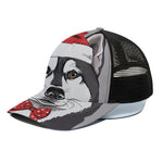 Santa Siberian Husky Print Black Mesh Trucker Cap