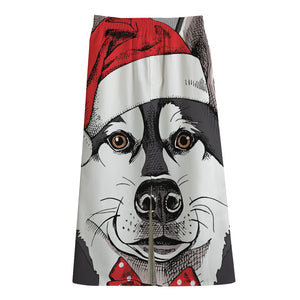 Santa Siberian Husky Print Cotton Front Slit Maxi Skirt