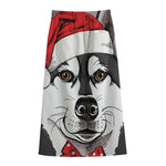 Santa Siberian Husky Print Cotton Front Slit Maxi Skirt