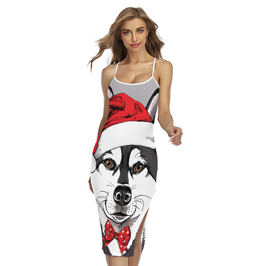 Santa Siberian Husky Print Cross Back Cami Dress