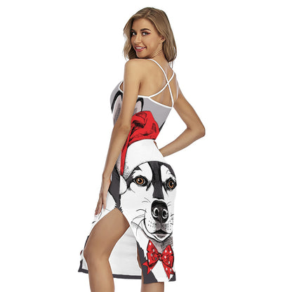 Santa Siberian Husky Print Cross Back Cami Dress