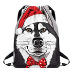 Santa Siberian Husky Print Drawstring Backpack