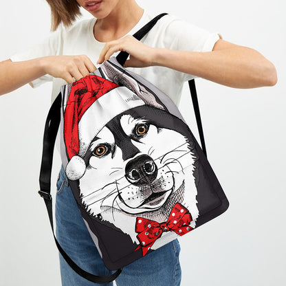 Santa Siberian Husky Print Drawstring Backpack
