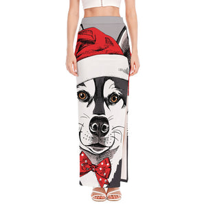 Santa Siberian Husky Print High Slit Maxi Skirt