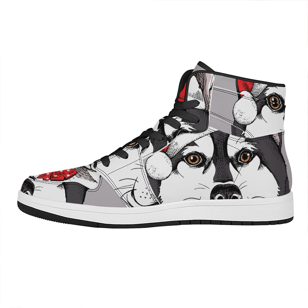 Santa Siberian Husky Print High Top Leather Sneakers