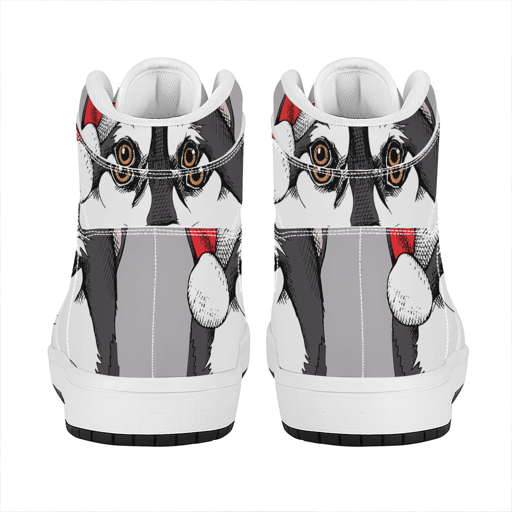 Santa Siberian Husky Print High Top Leather Sneakers