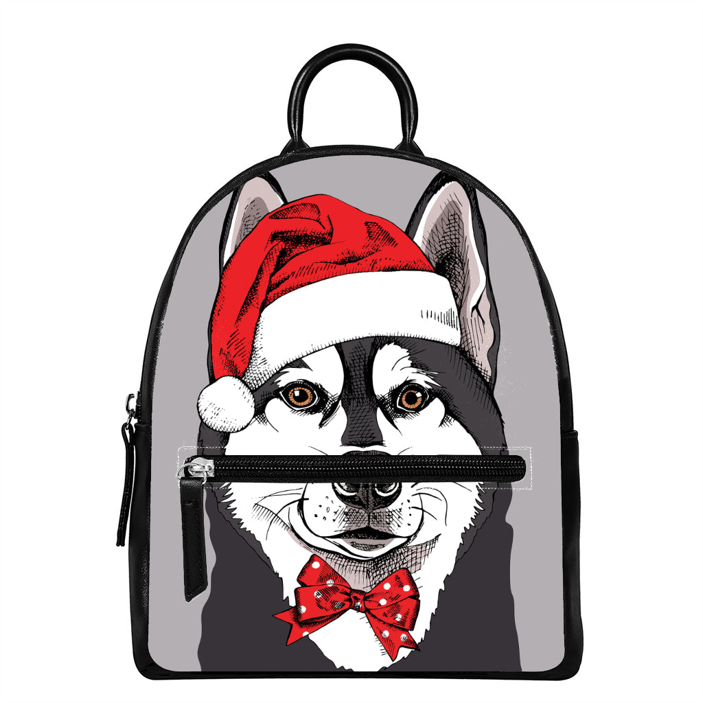 Santa Siberian Husky Print Leather Backpack