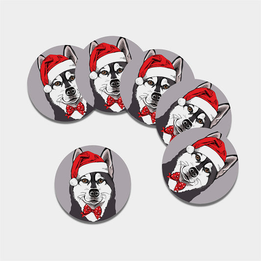 Santa Siberian Husky Print Leather Coaster Set