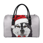 Santa Siberian Husky Print Leather Duffle Bag