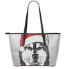 Santa Siberian Husky Print Leather Tote Bag
