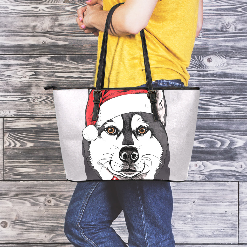 Santa Siberian Husky Print Leather Tote Bag